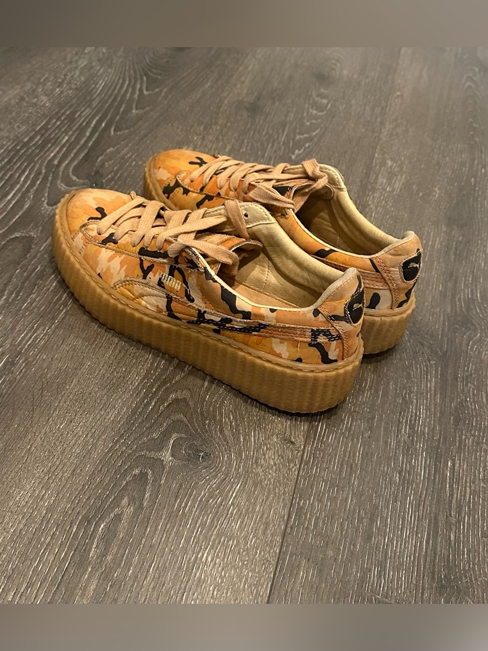 Puma x Fenty Rihanna Camo Platform Sneakers in Tan and Black Size 7.5